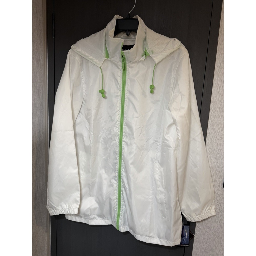 NWT Totes Women's Rain Jacket Size M White w/Green Trim Hooded Water Resistant